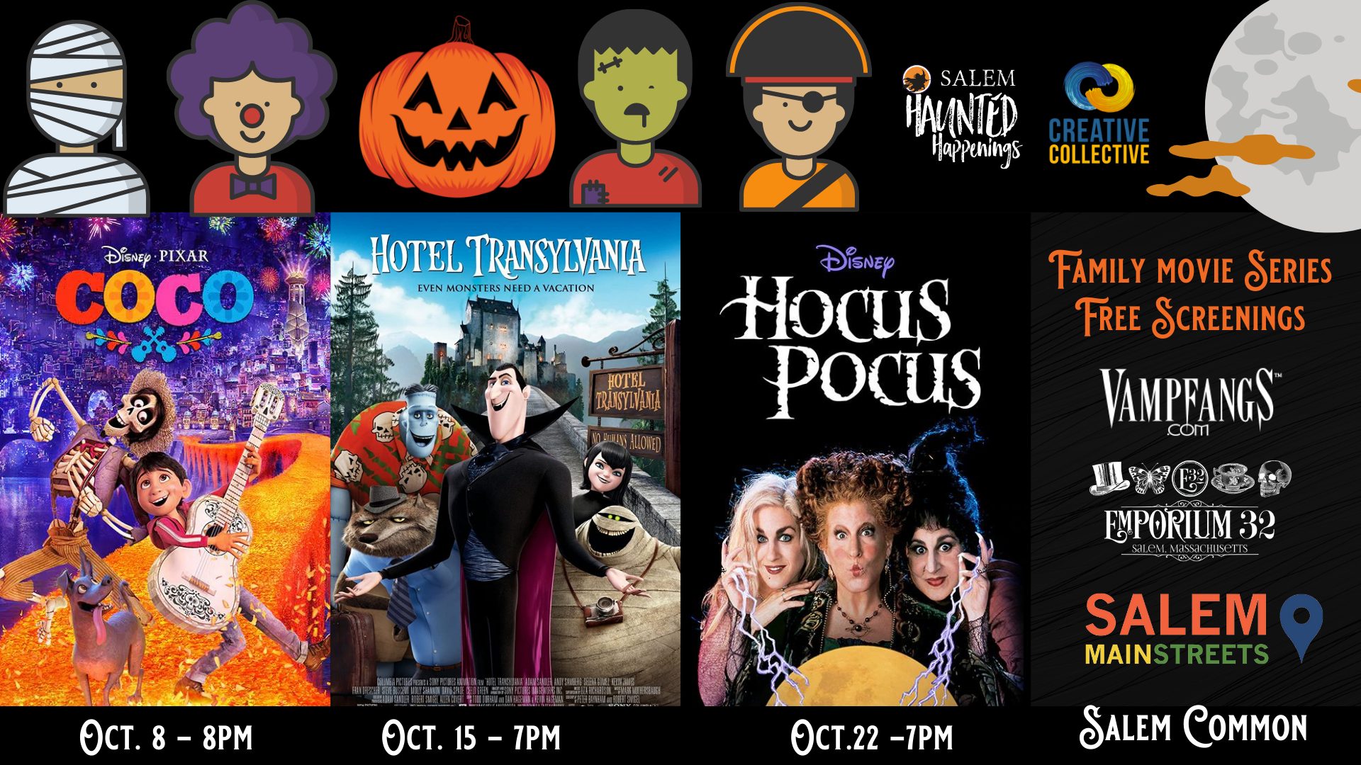 time and dates of Halloween movies playing at Salem Haunted Happenings
