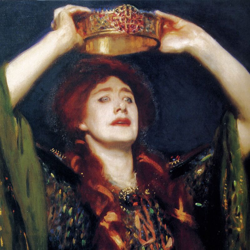 Painting of Lady Macbeth holding a crown above her head.